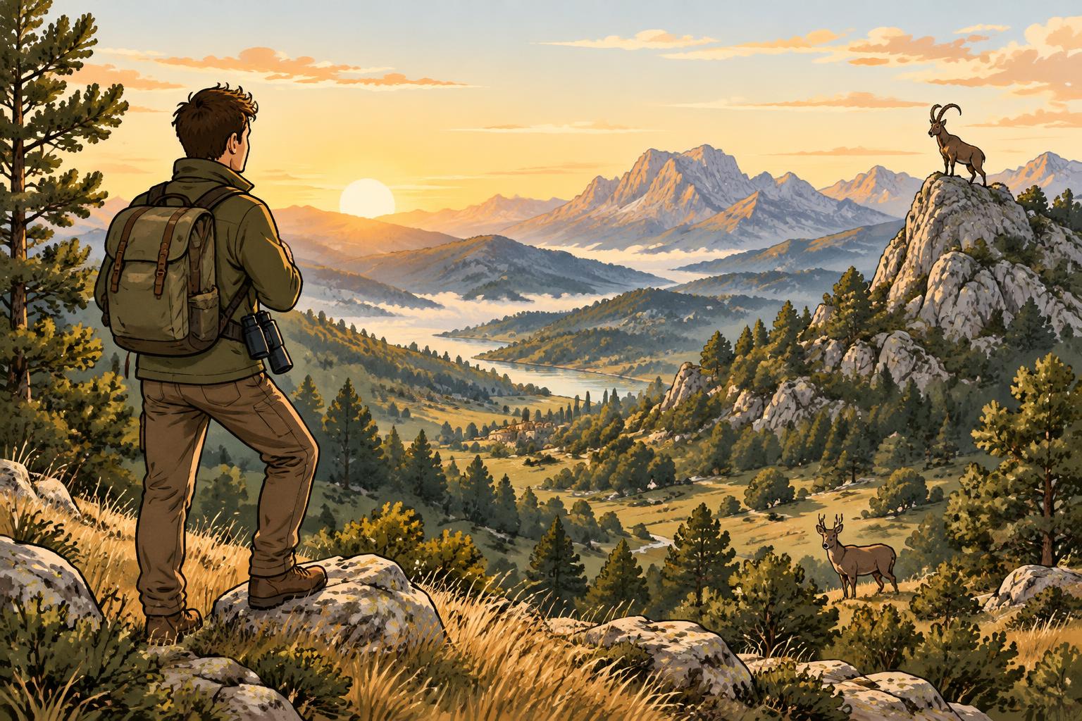 Cazador con prismáticos contemplando el monte al amanecer, con una cabra montés y un ciervo